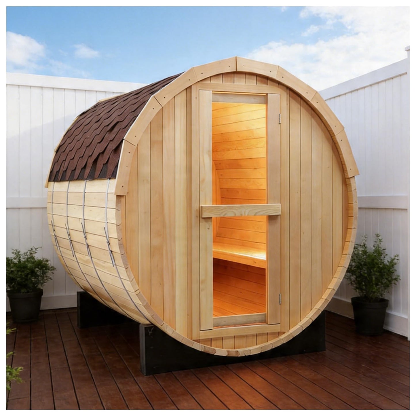 Outdoor Barrel Steam Sauna, 6-8 Person Canadian Hemlock Traditional Wooden Steam Saunas with 220V/6KW Toule Electric Stove, Tempered Glass Sauna Kits for Backyard & Garden (0-195℉)