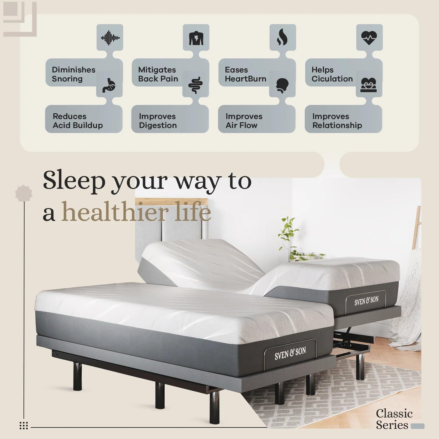 Sven & Son Classic Adjustable Bed Base, Head and Foot Lift, Massage, Under-Bed Lights, USB, Gel Memory, Zero Gravity Smart Frame - Full + 10 inch Memory Foam Matt (Firm)