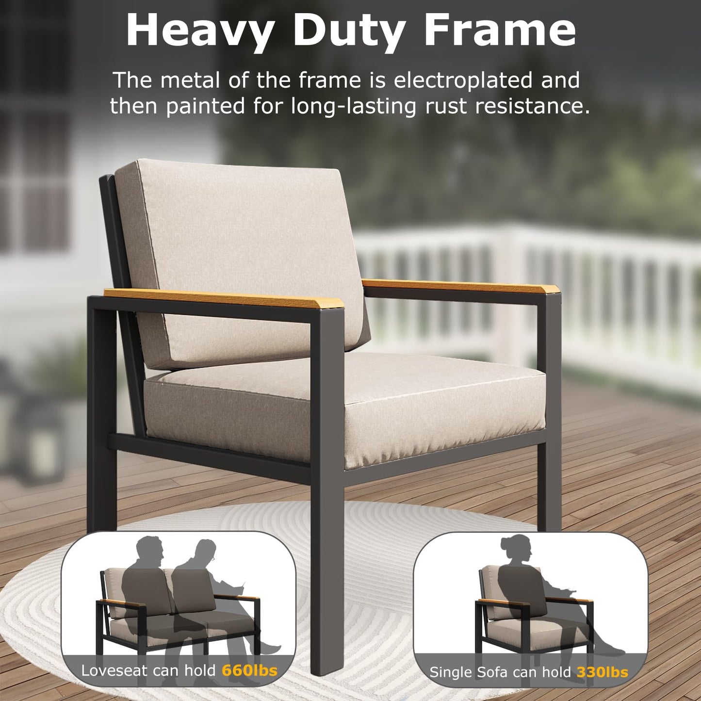 5-Piece Patio Furniture Set with 28” Propane Fire Pit Table, Heavy-Duty Metal Outdoor Conversation Set with Deep Cushions & Wood-Like Armrests for Patio, Porch, Backyard, Garden – Grey