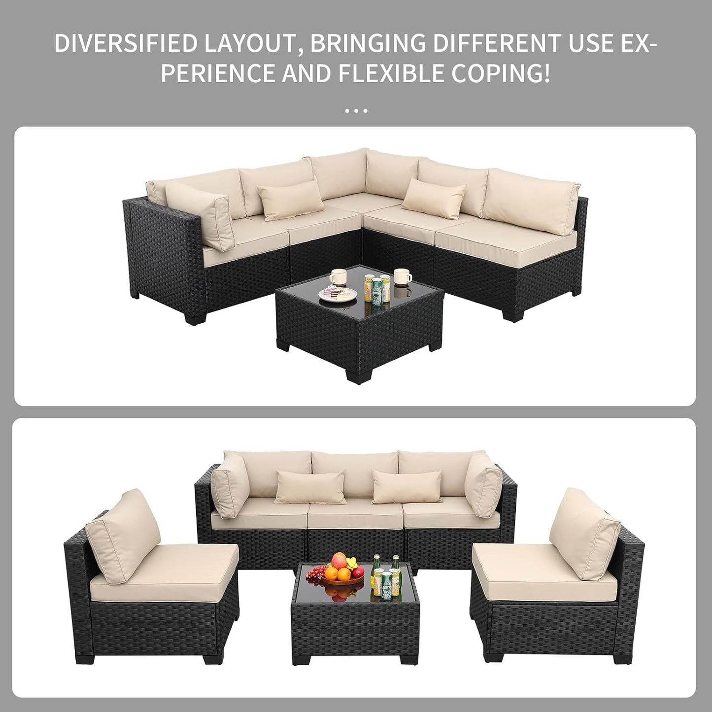 Rattaner Patio Sectional 6 Pieces All-Weather Wicker Patio Furniture Set Outdoor Sectional with Glass Table Non-Slip Cushions and Waterproof Cover, Khaki