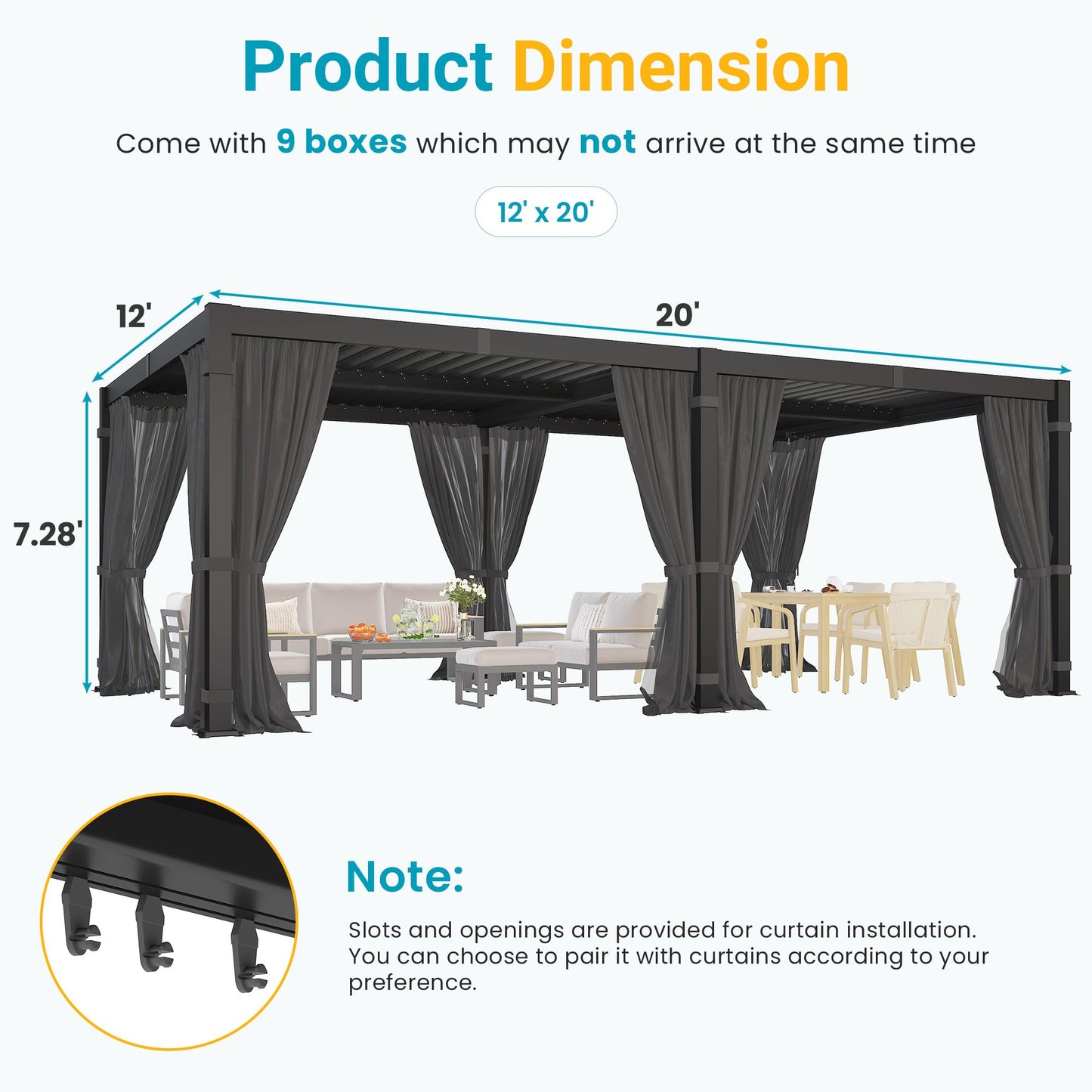 12' x 16' Pergola with Curtain & Adjustable Roof & Aluminum Frame for Patio | Louvered Pergola, Patio Pergola with Netting & Gutter System, Outdoor Pergola, Hardtop Gazebo for Deck, Yard, Dark Gray