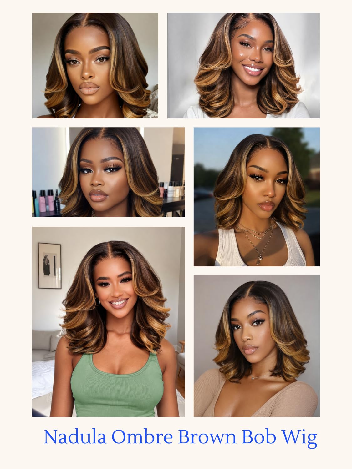 Nadula 13x4 HD Ombre Brown Wavy Bob Drawstring Wig Human Hair with Blonde Face Framing Layers Bangs,Pre Everything Glueless No Slip Wig Pre Plucked Ready to Wear Short Highlight Wavy Bob Wig 10inch
