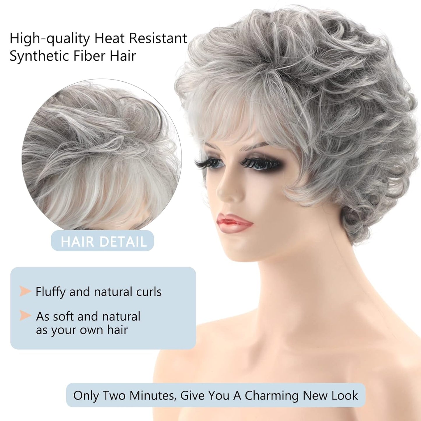 TISHINING Short Grey Curly Wigs for White Women Layered Silver Gray Pixie Cut Synthetic Full Wig with Bangs Natural Looking Daily Party Wigs for Older Women