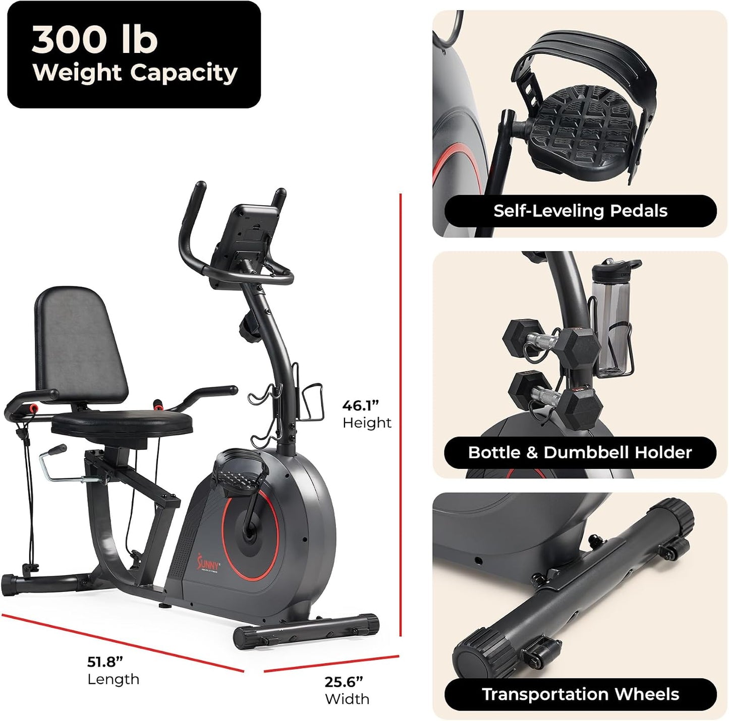 Sunny Health & Fitness Smart Recumbent Bike, Wide Cushioned Seat & Back, Indoor Cycling Machine for Adult/Seniors Home Exercise, Free SunnyFit App Connection