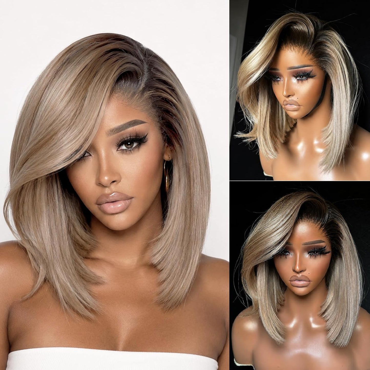Ash Blonde Wig Human Hair 13x4 Glueless Lace Front Bob Wig 12" | 220% Density Double Drawn 15A Remy Brazilian Human Hair Wig Soft & Full Wear Go HD Pre cut Lace Pre plucked Natural Hairline