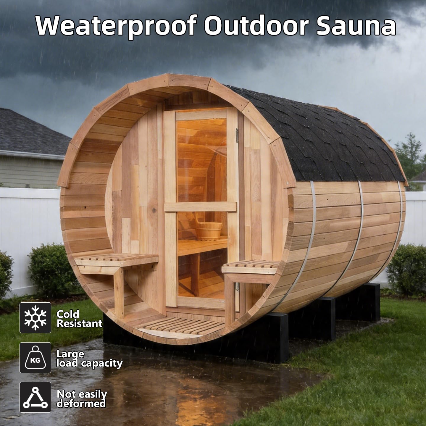 Outdoor Barrel Steam Sauna, 6-8 Person Canadian Hemlock Traditional Wooden Steam Saunas with 220V/6KW Toule Electric Stove, Tempered Glass Sauna Kits for Backyard & Garden (0-195℉)