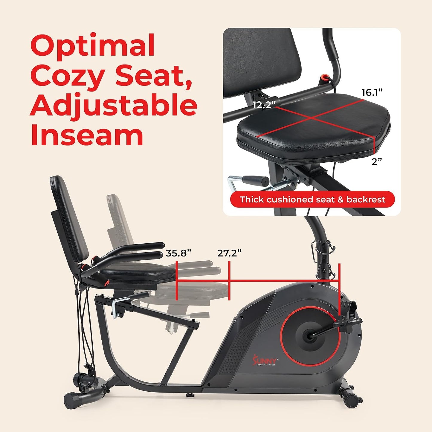 Sunny Health & Fitness Smart Recumbent Bike, Wide Cushioned Seat & Back, Indoor Cycling Machine for Adult/Seniors Home Exercise, Free SunnyFit App Connection