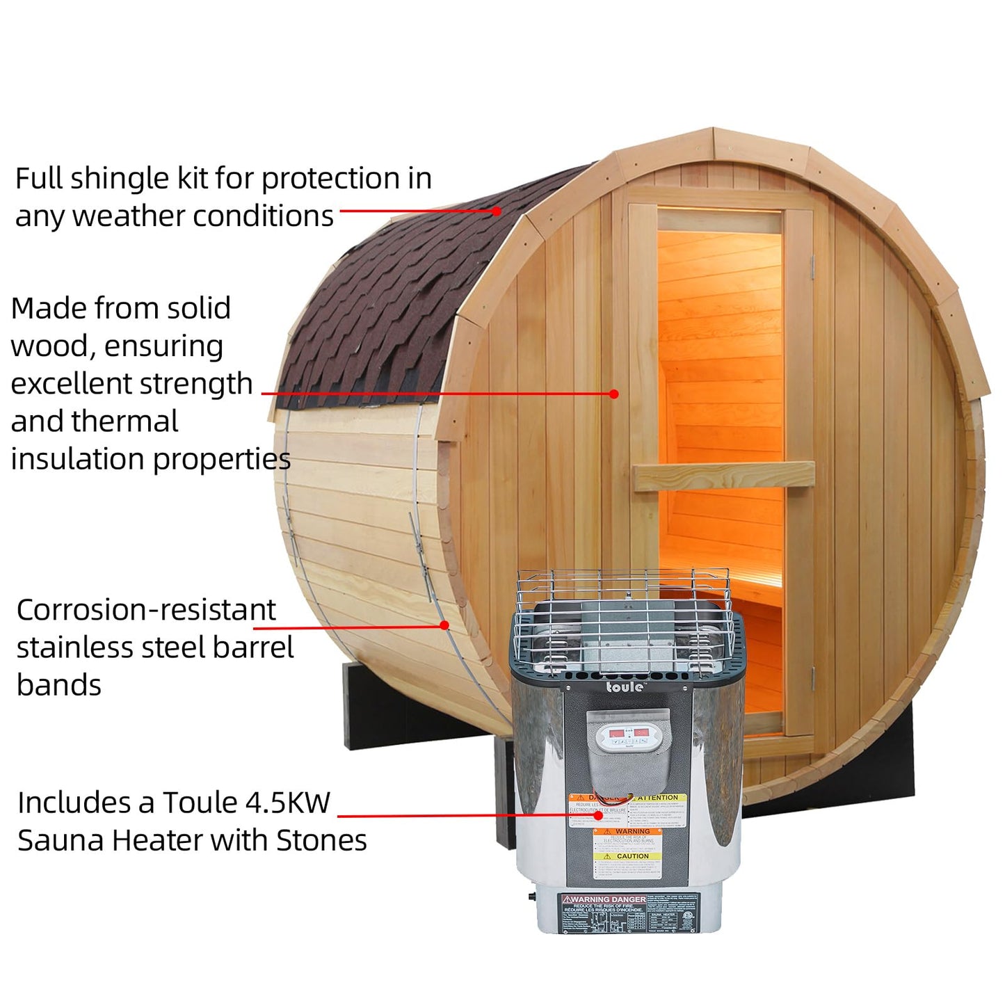 Outdoor Barrel Steam Sauna, 6-8 Person Canadian Hemlock Traditional Wooden Steam Saunas with 220V/6KW Toule Electric Stove, Tempered Glass Sauna Kits for Backyard & Garden (0-195℉)