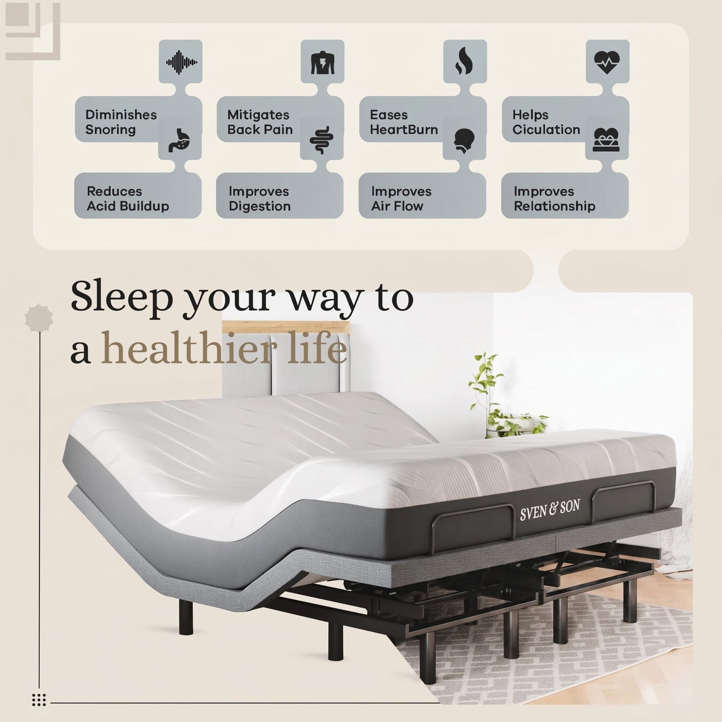 Sven & Son Classic Adjustable Bed Base, Head and Foot Lift, Massage, Under-Bed Lights, USB, Gel Memory, Zero Gravity Smart Frame - Full + 10 inch Memory Foam Matt (Firm)