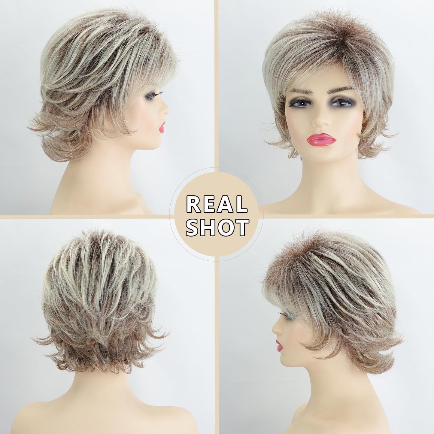 TISHINING Short Grey Curly Wigs for White Women Layered Silver Gray Pixie Cut Synthetic Full Wig with Bangs Natural Looking Daily Party Wigs for Older Women