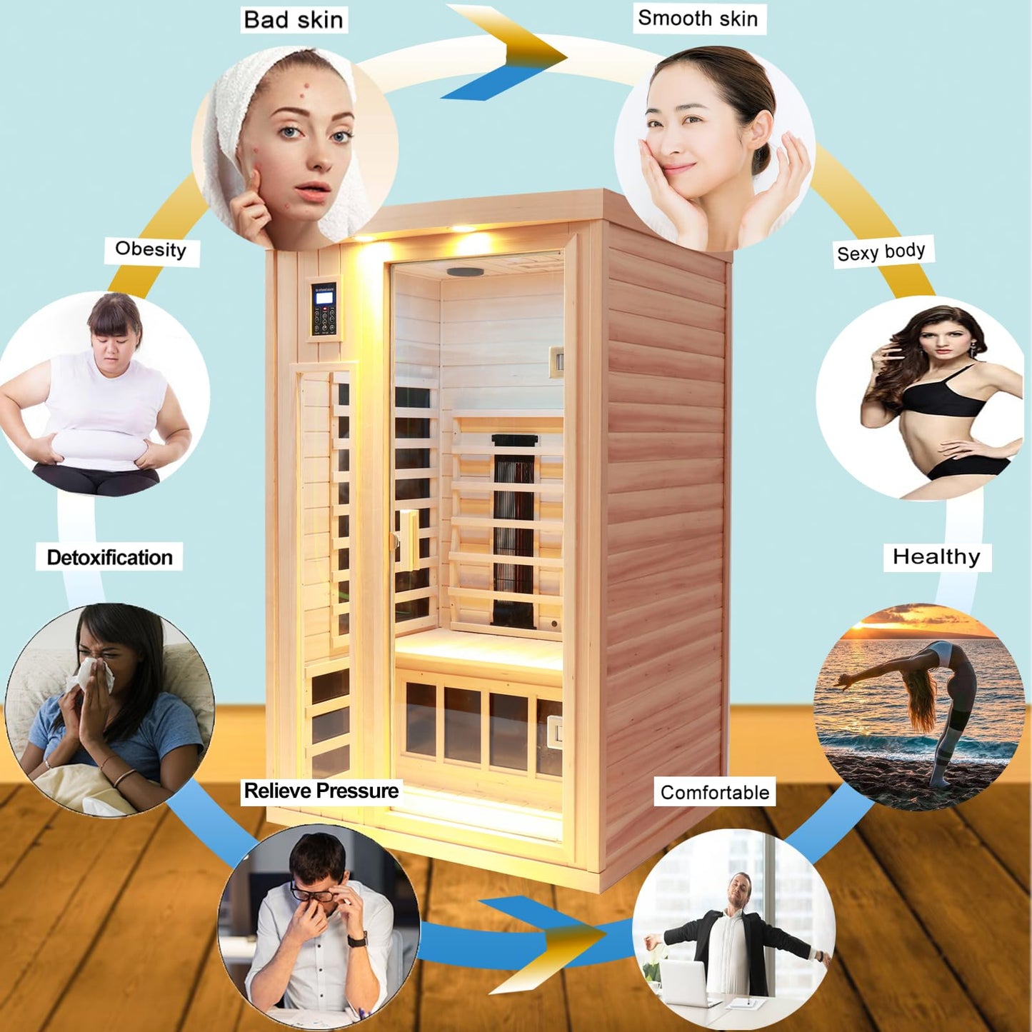 3 Person Infrared Sauna Ceramic Infrared Sauna w/Red Light Therapy | Far & Near Infrared Sauna Indoor, Low EMF Infrared Saunas for Home, Hemlock Deluxe Glass Home Sauna with Granite Backdrop