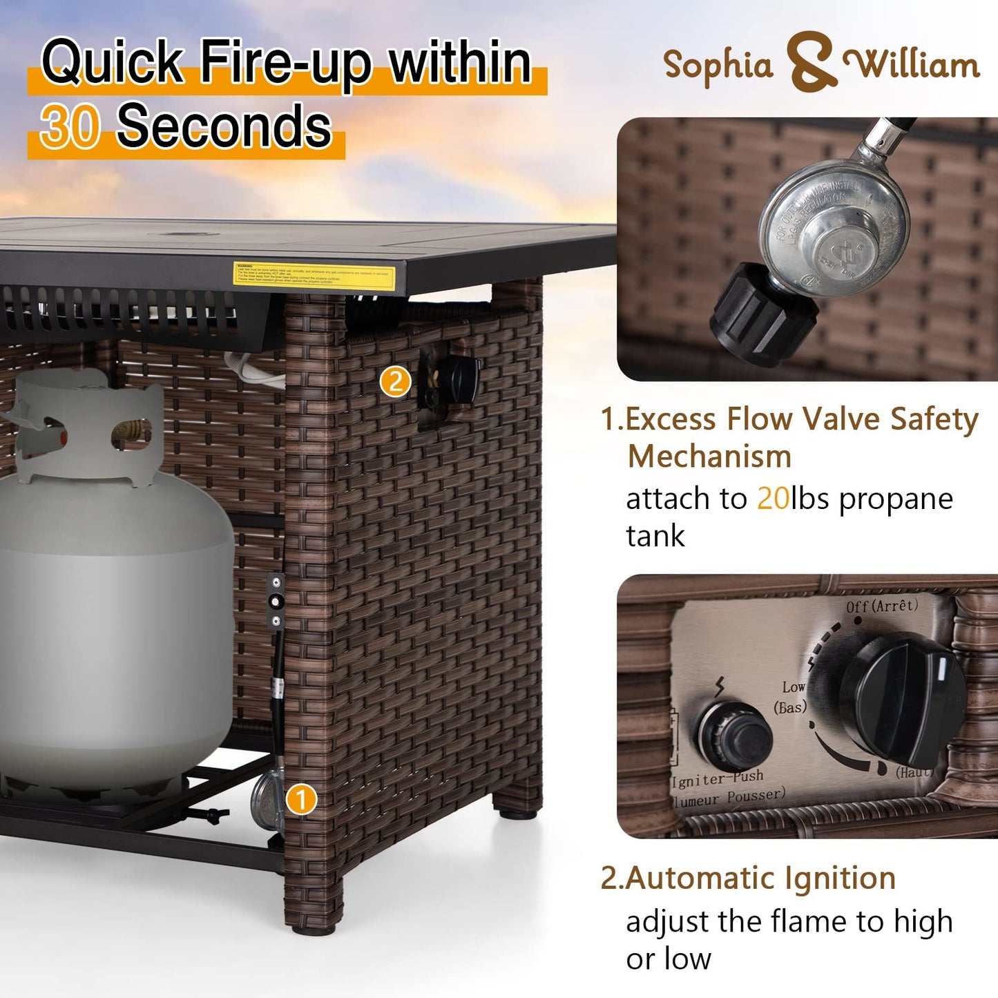 Sophia & William 56 Inch Gas Fire Pit Table,Rectangular Propane Fireplace | Outdoor Rattan Propane Fire Table with Fire Glass, Lid, 50,000 BTU Firepits for Outside Patio