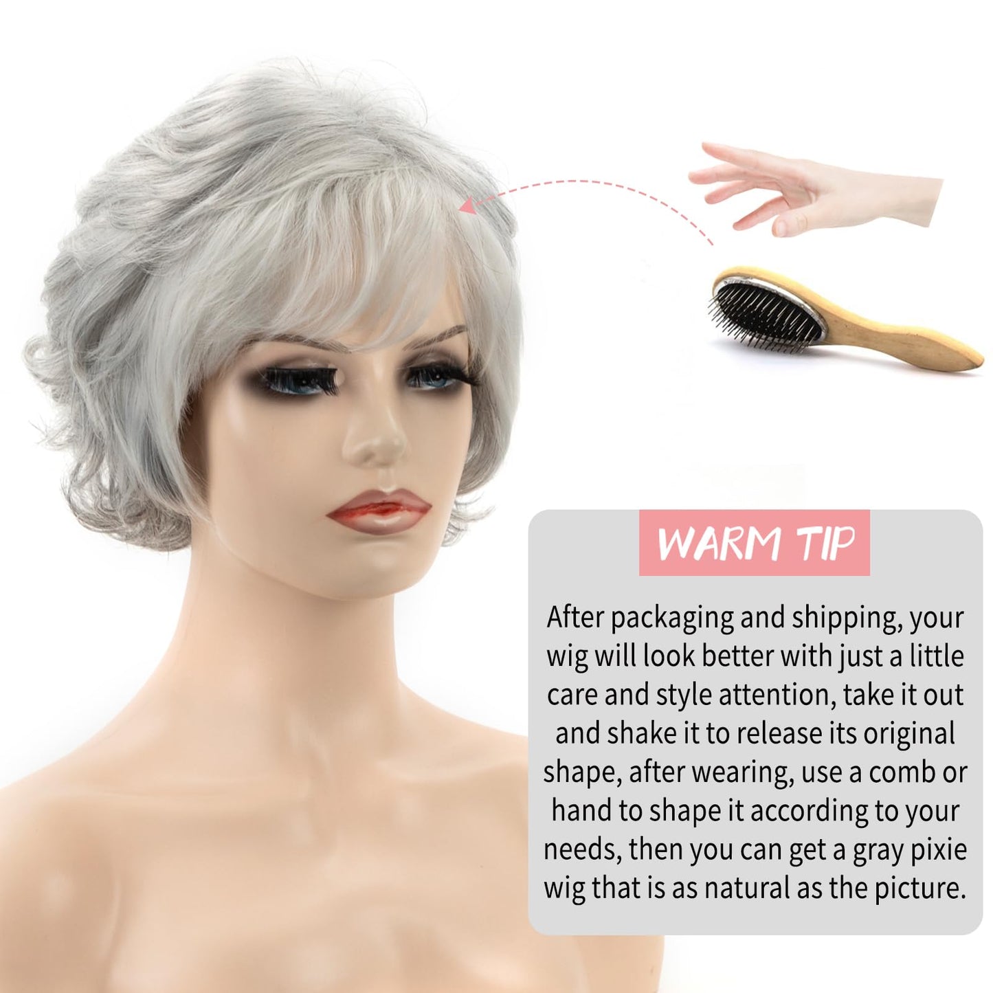 TISHINING Short Grey Curly Wigs for White Women Layered Silver Gray Pixie Cut Synthetic Full Wig with Bangs Natural Looking Daily Party Wigs for Older Women