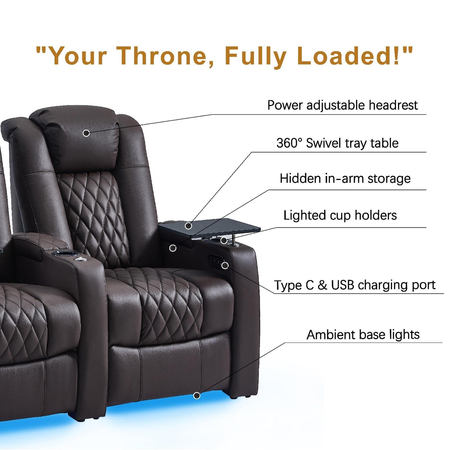 comfiroom Top-Grain Leather Home Theater Seating, Dual-Motor Power Recliner | Classic Series Black Zero Gravity Motorized Theater Chair with USB-C Charging, Adjustable Headrest, Tray Table, Row of 1