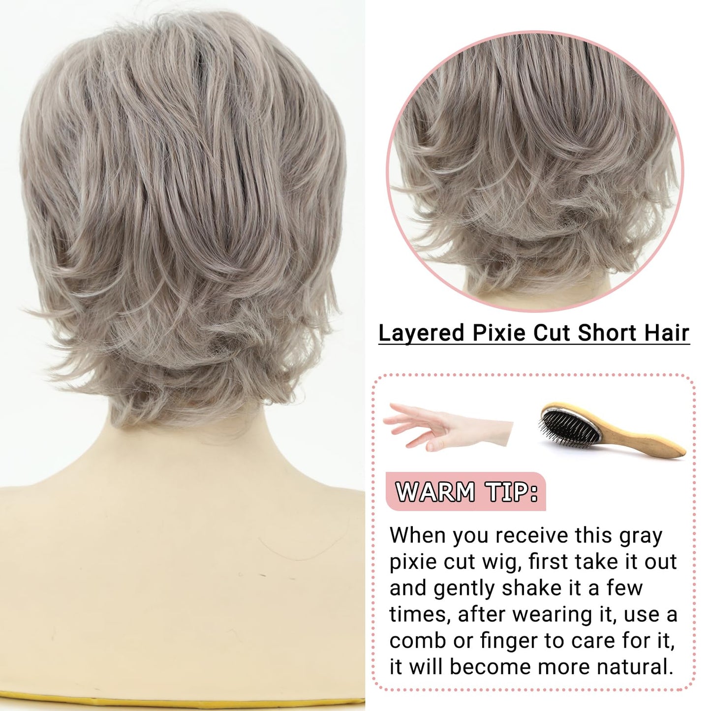 TISHINING Short Grey Curly Wigs for White Women Layered Silver Gray Pixie Cut Synthetic Full Wig with Bangs Natural Looking Daily Party Wigs for Older Women