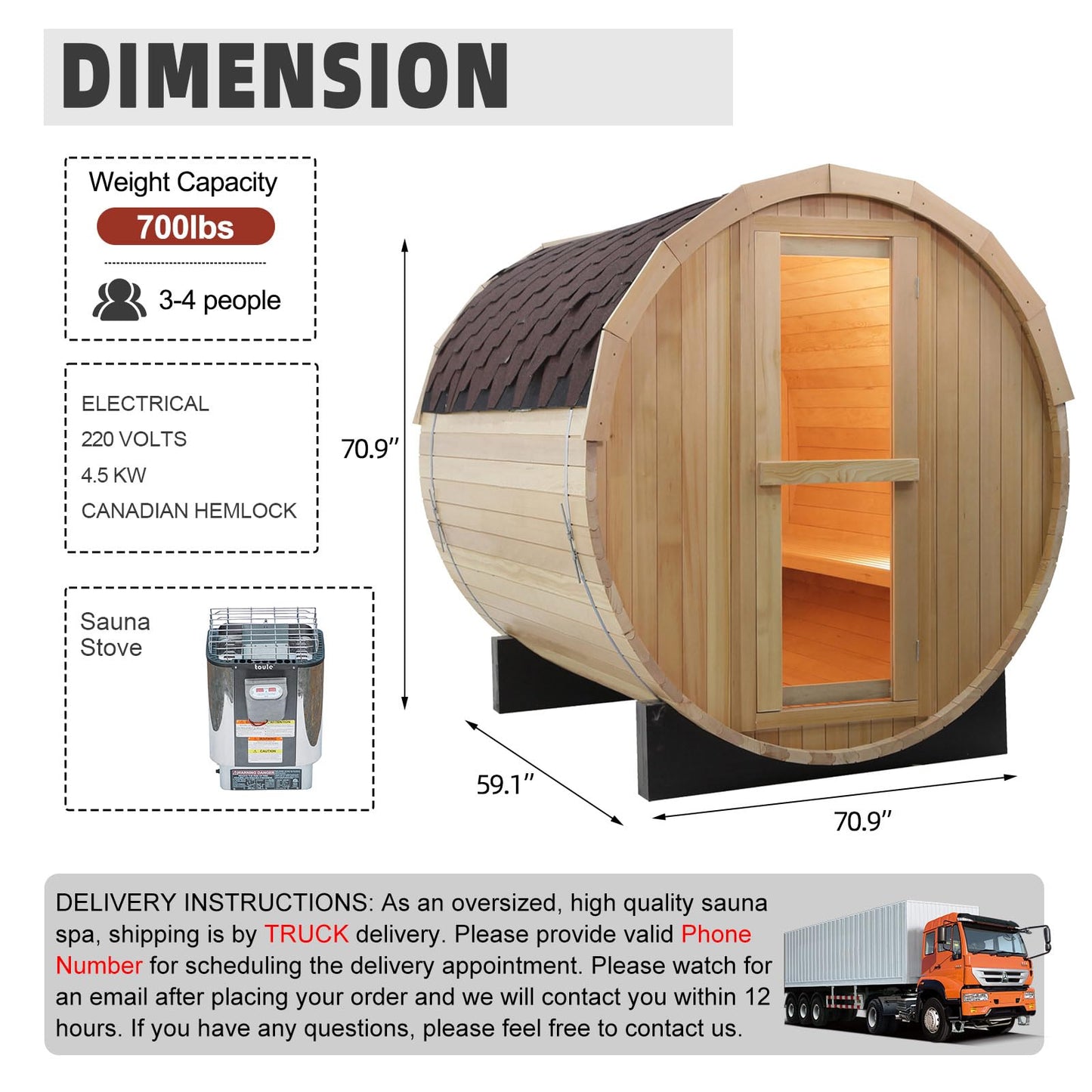 Outdoor Barrel Steam Sauna, 6-8 Person Canadian Hemlock Traditional Wooden Steam Saunas with 220V/6KW Toule Electric Stove, Tempered Glass Sauna Kits for Backyard & Garden (0-195℉)