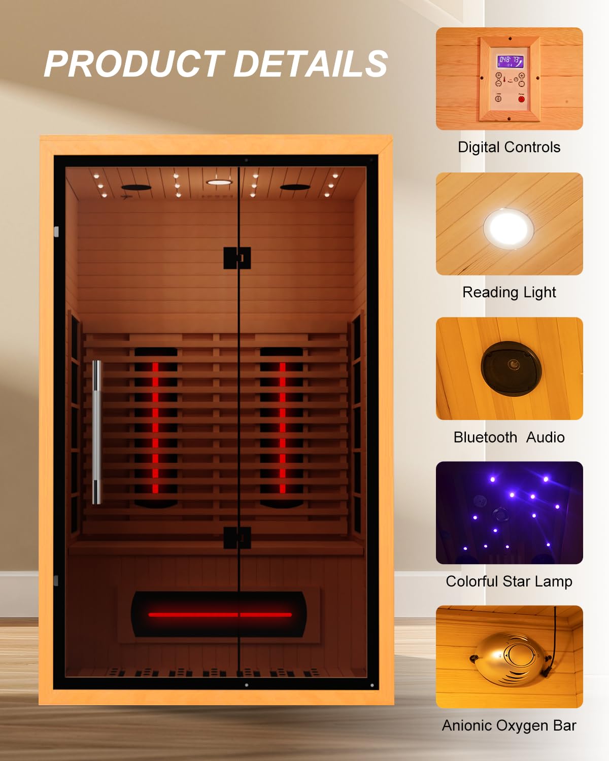 2 Person Infrared Saunas for Home with Recliner, 220V Traditional Sauna for Indoor Use, Canadian Ceder, Full Spectrum Sauna with 9 Heating Panels (Cedar)