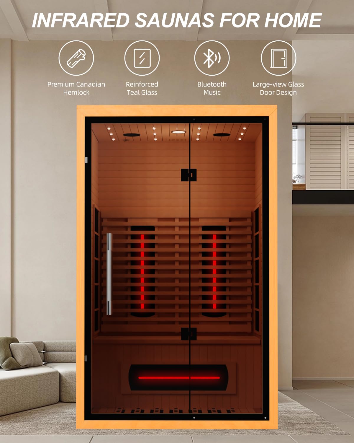 2 Person Infrared Saunas for Home with Recliner, 220V Traditional Sauna for Indoor Use, Canadian Ceder, Full Spectrum Sauna with 9 Heating Panels (Cedar)