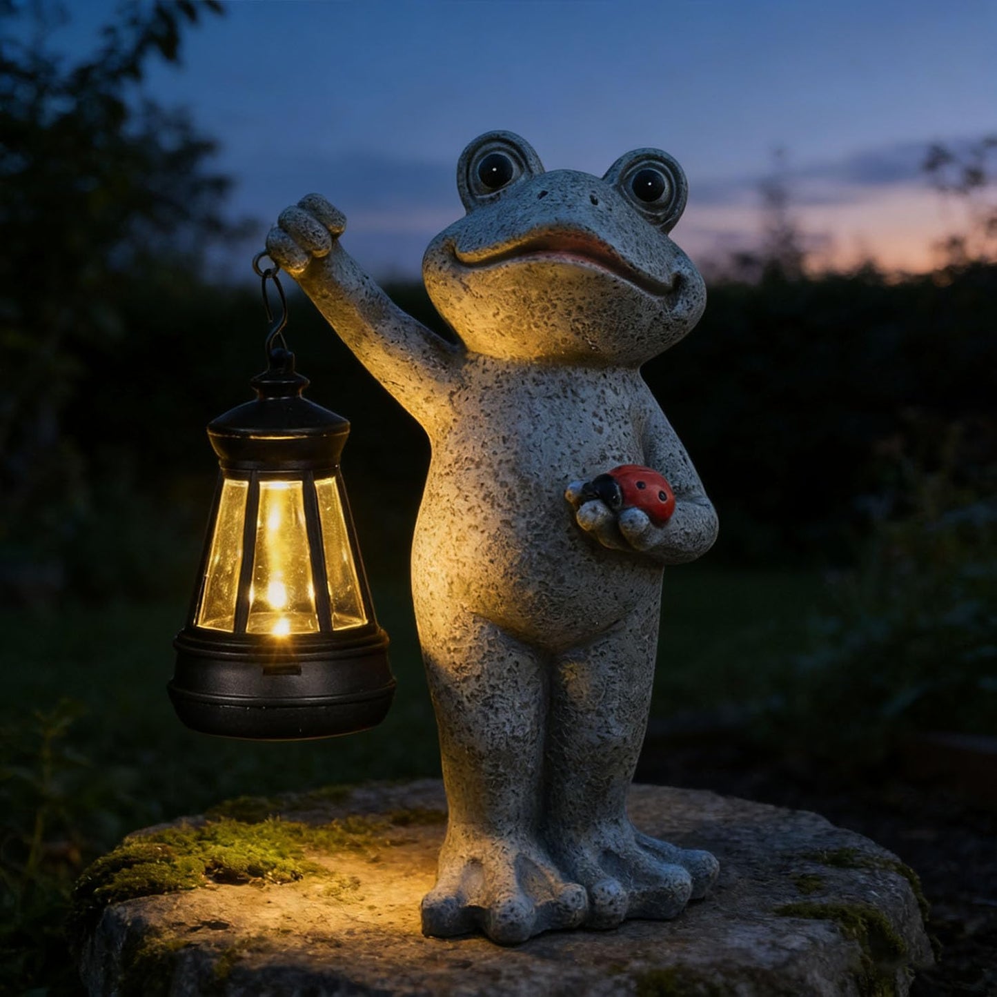Solar Frog Garden Statue, Resin Figurine with Ladybug & Hanging Solar Lantern Outdoor Decor