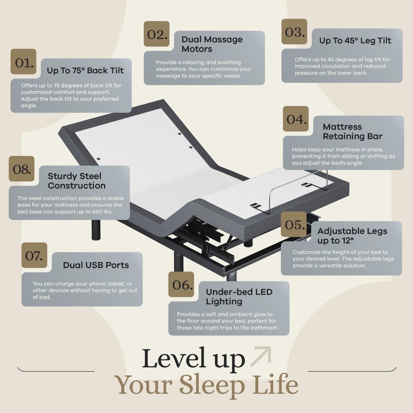 Sven & Son Classic Adjustable Bed Base, Head and Foot Lift, Massage, Under-Bed Lights, USB, Gel Memory, Zero Gravity Smart Frame - Full + 10 inch Memory Foam Matt (Firm)