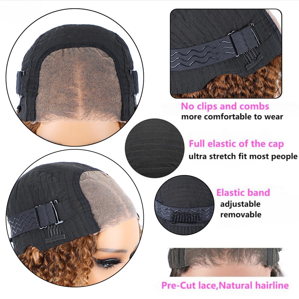 14 Inch Highlight Blonde Wear and Go Glueless Curly Bob Wig Human Hair Pre Plucked, Glueless Pre cut HD Lace Front Wigs Human Hair,Water Wave No Glue wigs, Natural Hairline for Women 200% Density