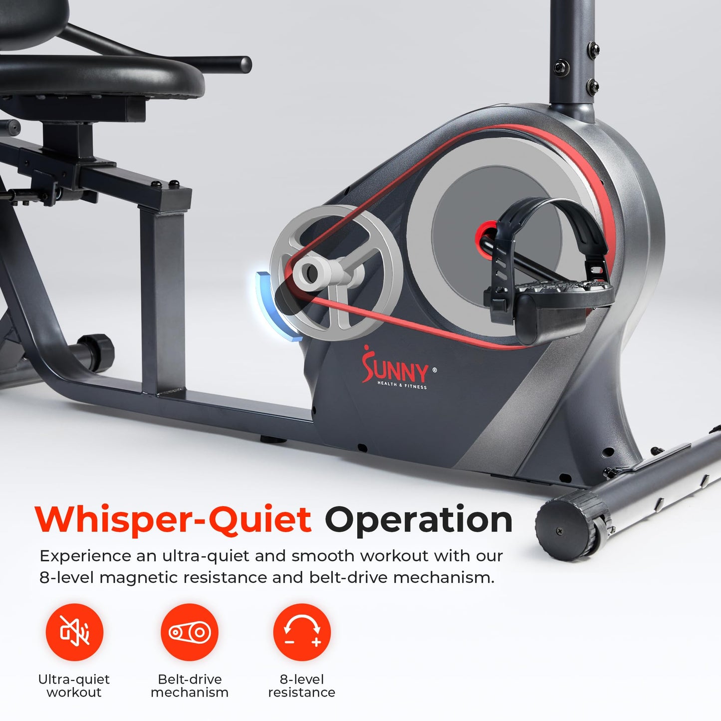 Sunny Health & Fitness Smart Recumbent Bike, Wide Cushioned Seat & Back, Indoor Cycling Machine for Adult/Seniors Home Exercise, Free SunnyFit App Connection