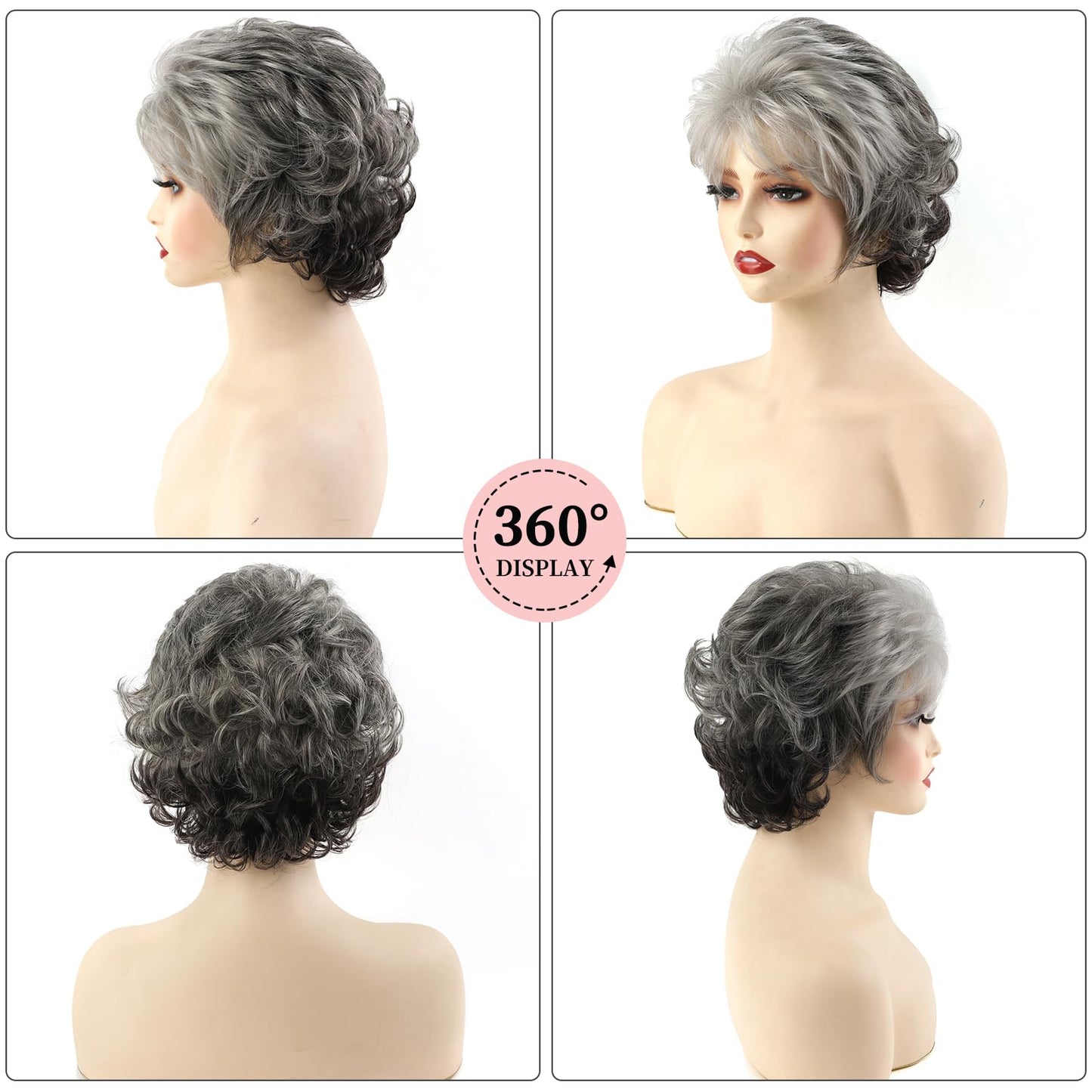 TISHINING Short Grey Curly Wigs for White Women Layered Silver Gray Pixie Cut Synthetic Full Wig with Bangs Natural Looking Daily Party Wigs for Older Women
