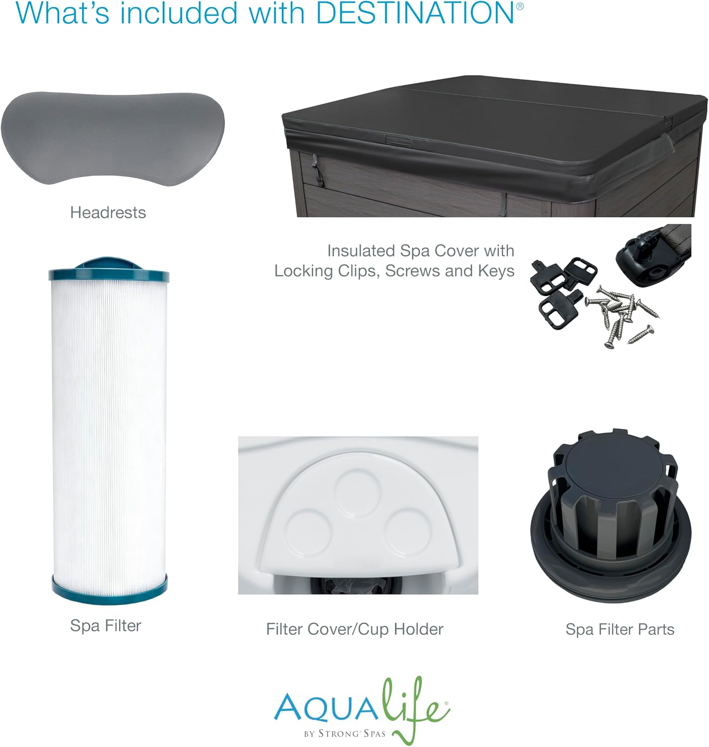 Destination Outdoor Hot Tub, 5-Person 59-Jet 80-Port 4-Pump Lounger Spa with Waterfall Arch and Bluetooth Stereo by Aqualife by Strong Spas