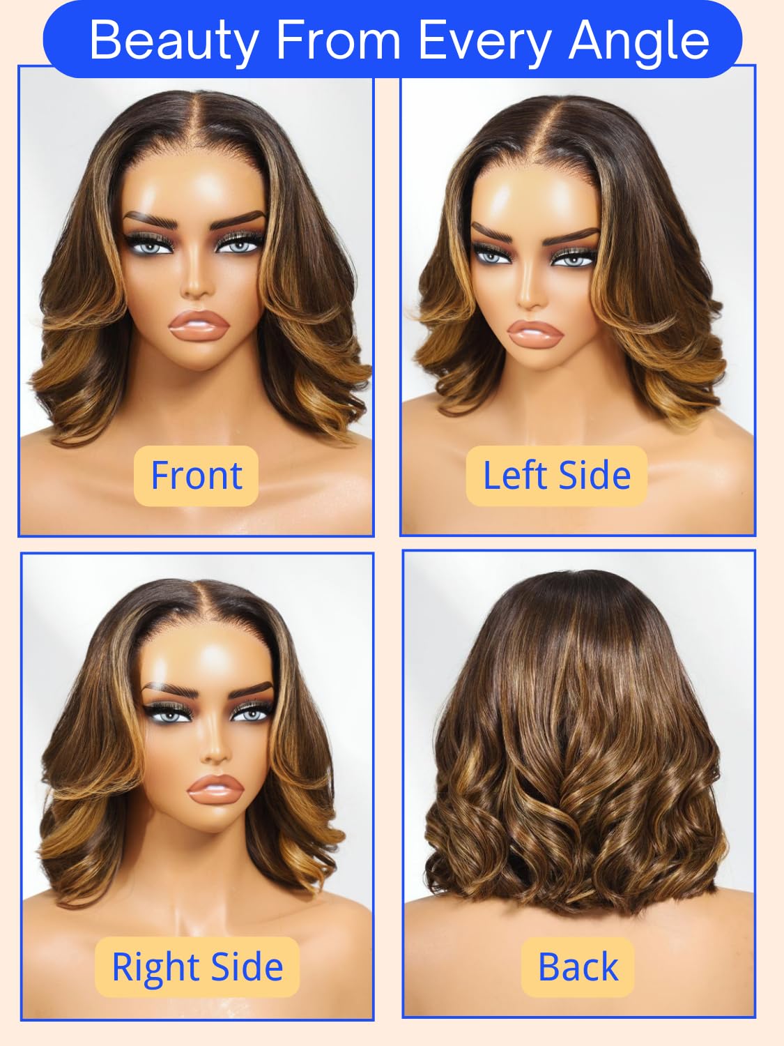 Nadula 13x4 HD Ombre Brown Wavy Bob Drawstring Wig Human Hair with Blonde Face Framing Layers Bangs,Pre Everything Glueless No Slip Wig Pre Plucked Ready to Wear Short Highlight Wavy Bob Wig 10inch