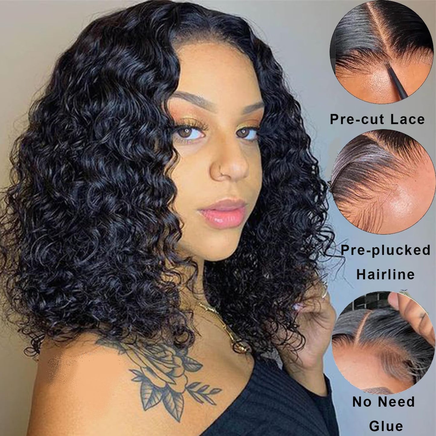 14 Inch Highlight Blonde Wear and Go Glueless Curly Bob Wig Human Hair Pre Plucked, Glueless Pre cut HD Lace Front Wigs Human Hair,Water Wave No Glue wigs, Natural Hairline for Women 200% Density