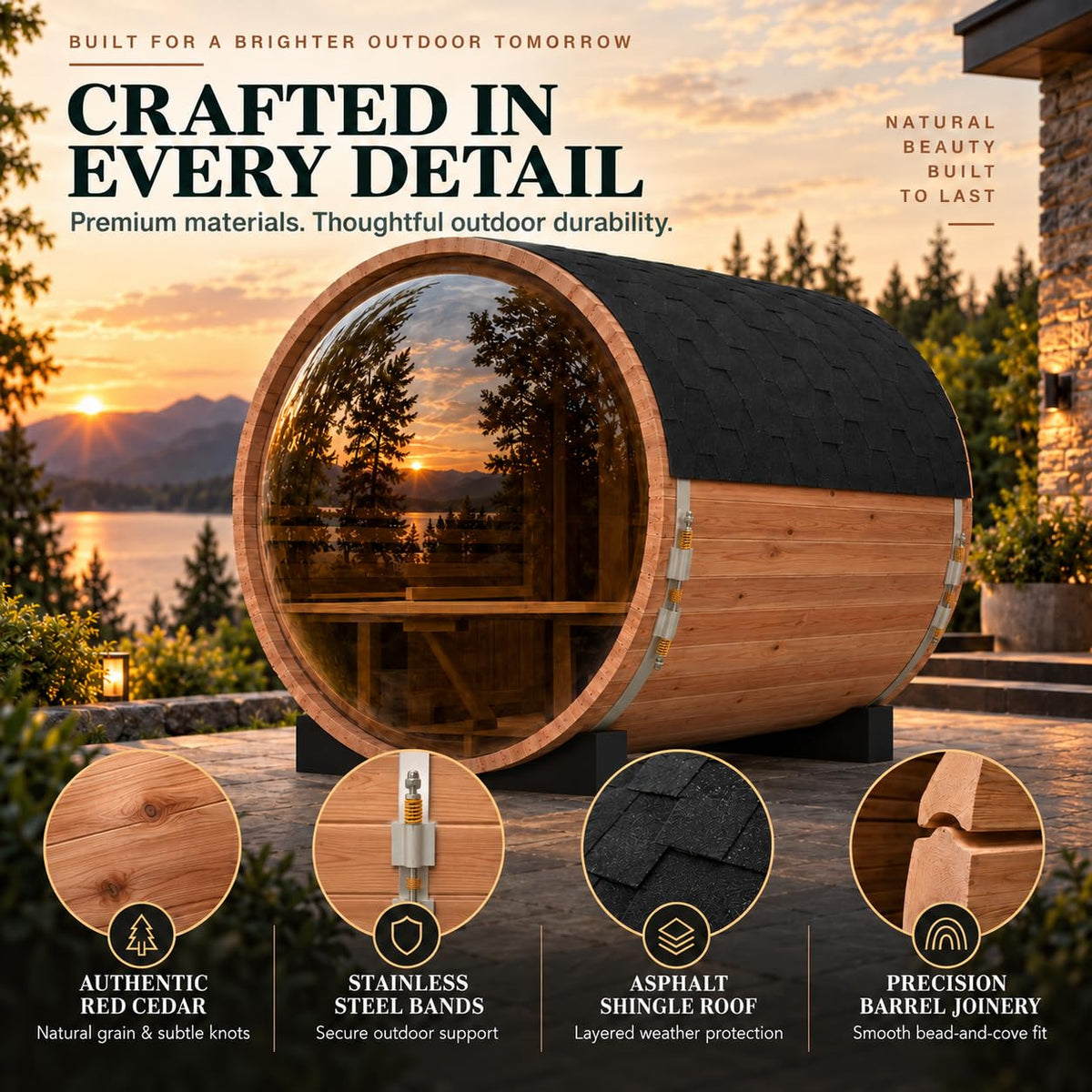 Outdoor Wooden Panoramic Barrel Sauna, 6-8 Person Sauna Room, 220V，6kw Toule Electric Heater with Sauna Stone, and Asphalt Shingle Roof (Red Ceder)
