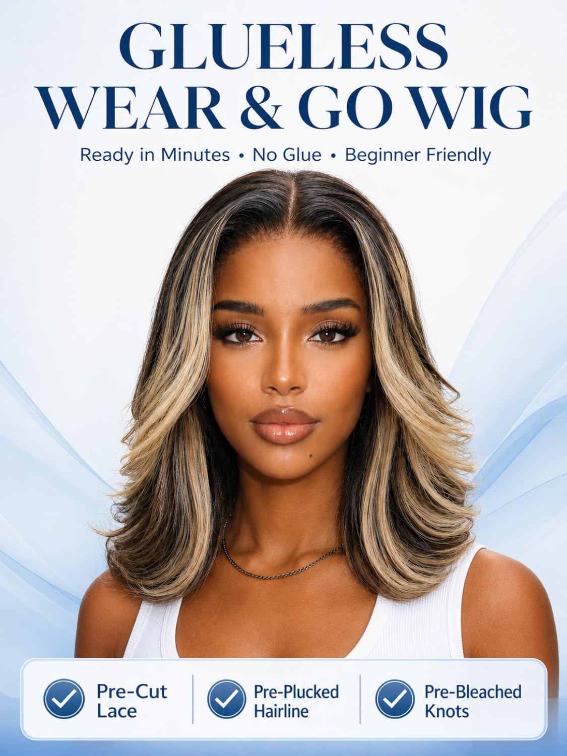 Nadula 13x4 HD Ombre Brown Wavy Bob Drawstring Wig Human Hair with Blonde Face Framing Layers Bangs,Pre Everything Glueless No Slip Wig Pre Plucked Ready to Wear Short Highlight Wavy Bob Wig 10inch