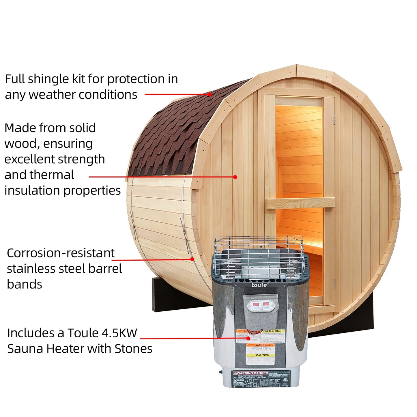 Outdoor Barrel Steam Sauna, 6-8 Person Canadian Hemlock Traditional Wooden Steam Saunas with 220V/6KW Toule Electric Stove, Tempered Glass Sauna Kits for Backyard & Garden (0-195℉)