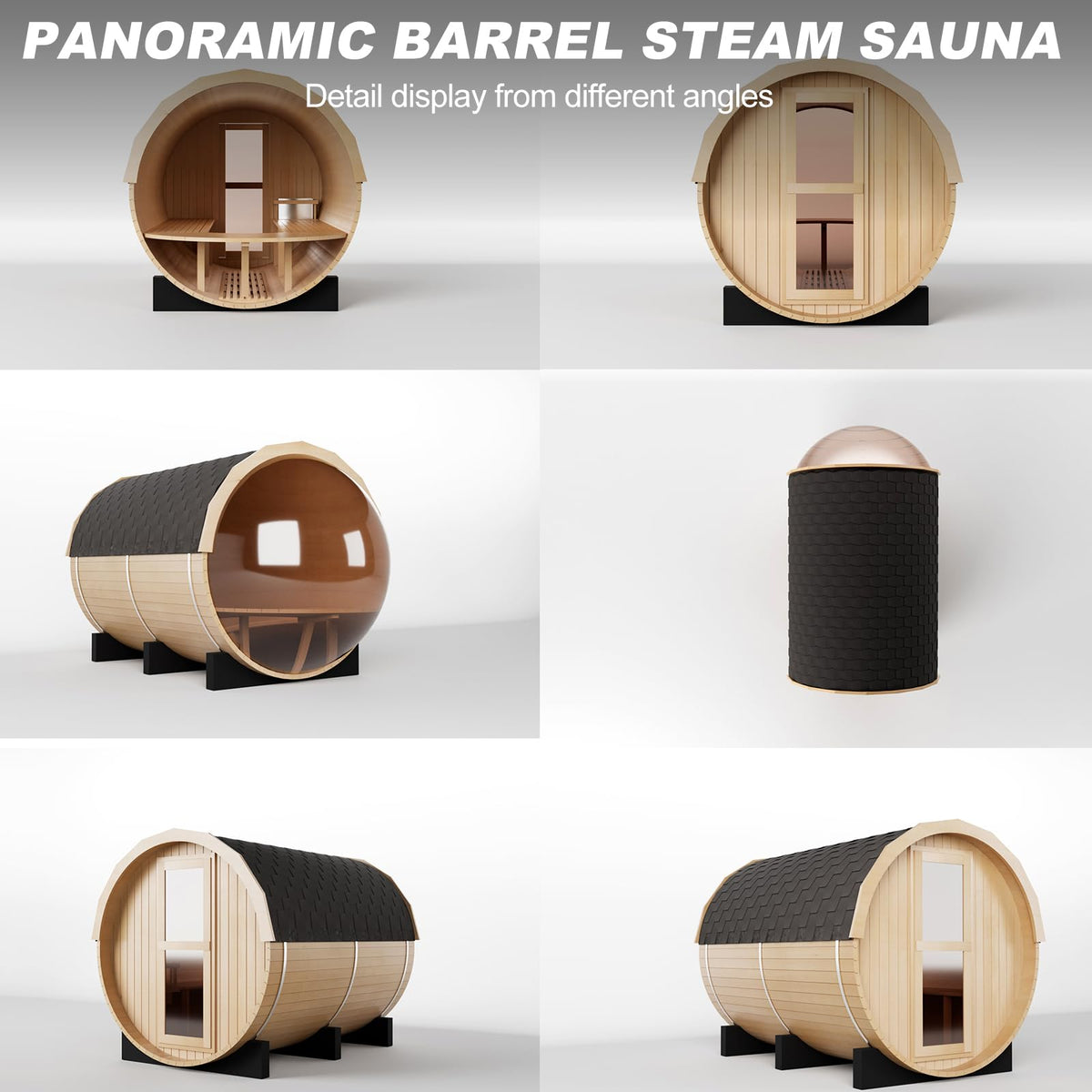 Outdoor Wooden Panoramic Barrel Sauna, 6-8 Person Sauna Room, 220V，6kw Toule Electric Heater with Sauna Stone, and Asphalt Shingle Roof (Red Ceder)