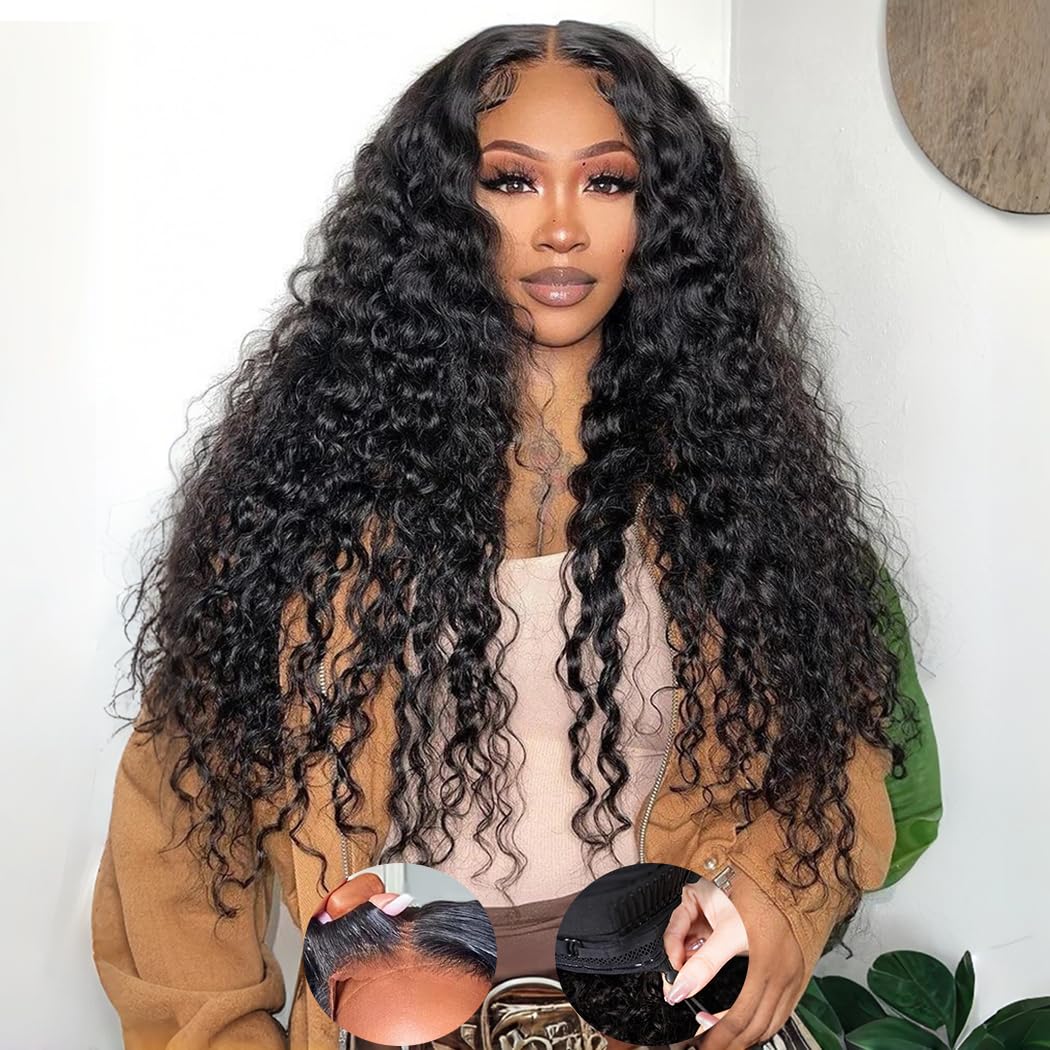 7X5 Deep Wave Wear And Go Glueless Wigs Human Hair Pre Plucked Pre Cut Hd Lace 210 Density Deep Wave Lace Front Wigs Human Hair 26 Inch Drawstring Curly Human Hair Wig For Women Beginner Friendly