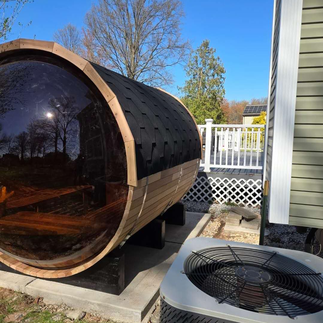 Outdoor Barrel Steam Sauna, 6-8 Person Canadian Hemlock Traditional Wooden Steam Saunas with 220V/6KW Toule Electric Stove, Tempered Glass Sauna Kits for Backyard & Garden (0-195℉)