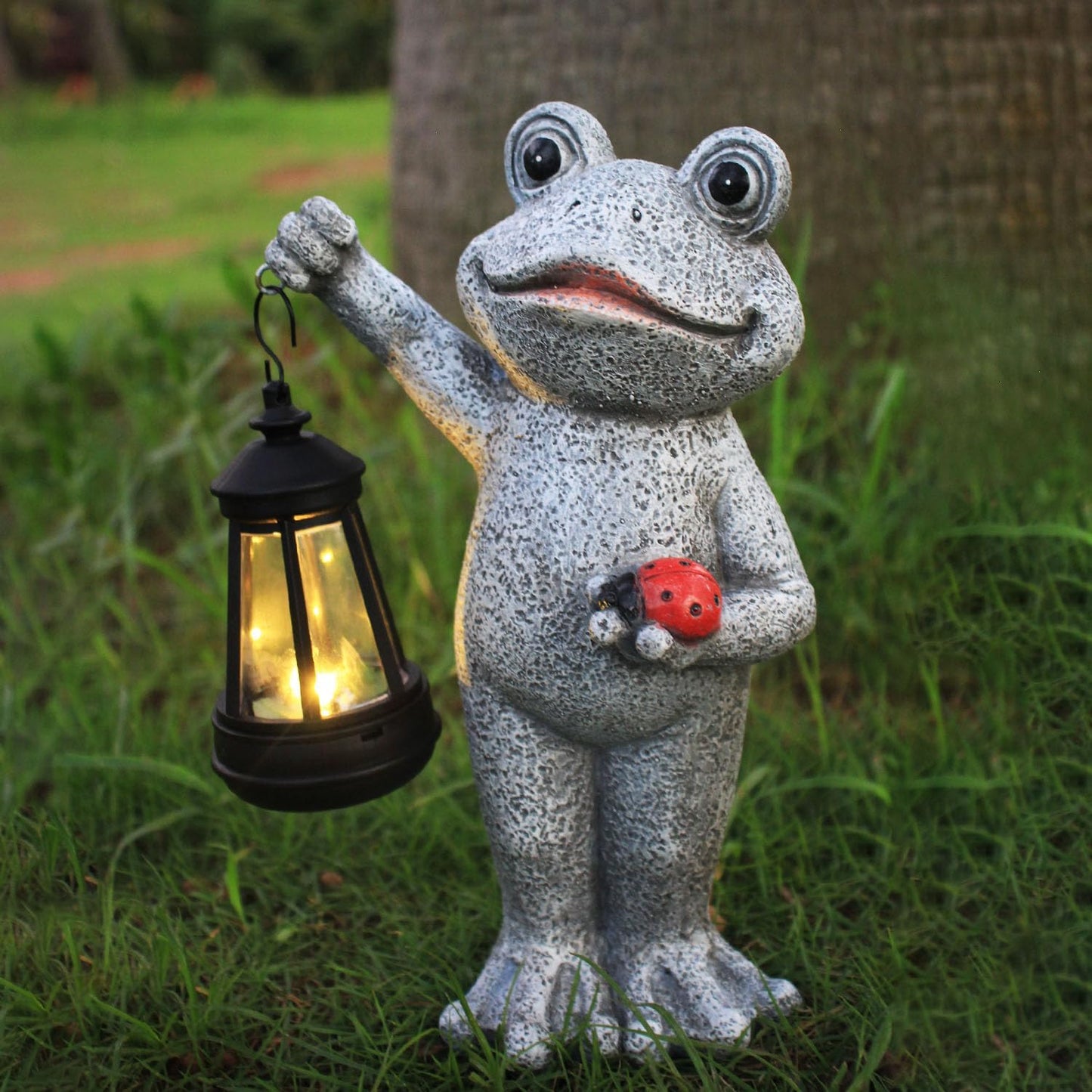 Solar Frog Garden Statue, Resin Figurine with Ladybug & Hanging Solar Lantern Outdoor Decor