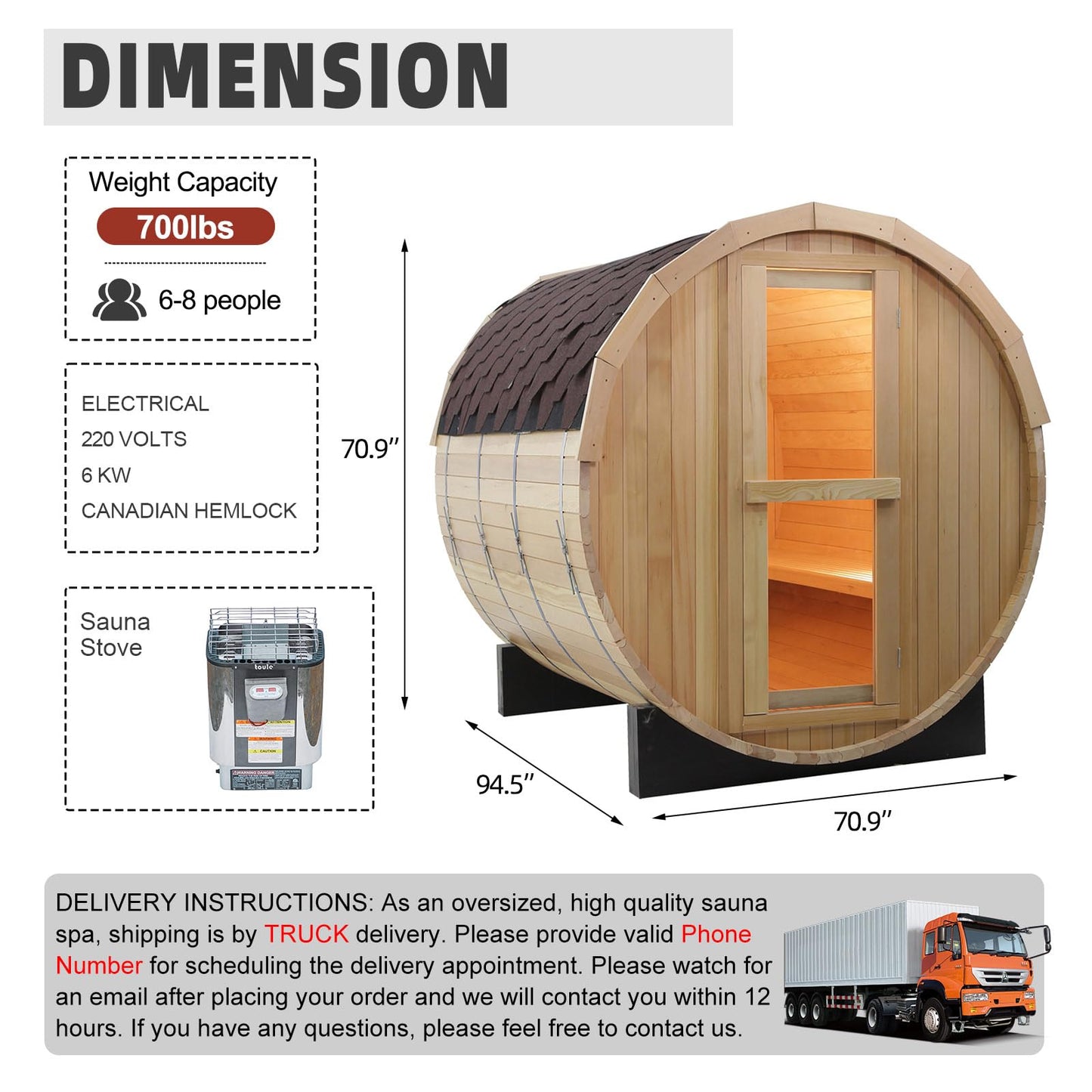 Outdoor Barrel Steam Sauna, 6-8 Person Canadian Hemlock Traditional Wooden Steam Saunas with 220V/6KW Toule Electric Stove, Tempered Glass Sauna Kits for Backyard & Garden (0-195℉)