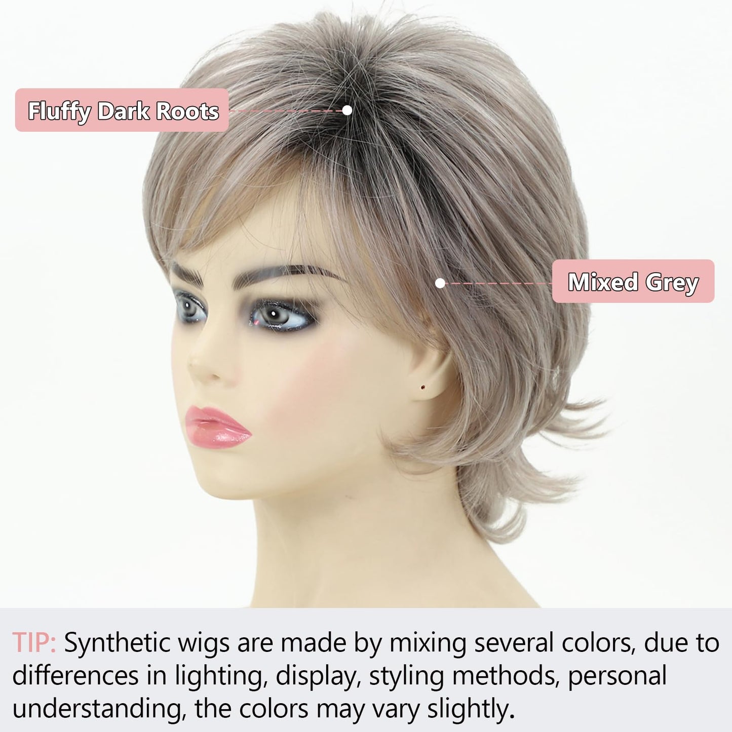 TISHINING Short Grey Curly Wigs for White Women Layered Silver Gray Pixie Cut Synthetic Full Wig with Bangs Natural Looking Daily Party Wigs for Older Women