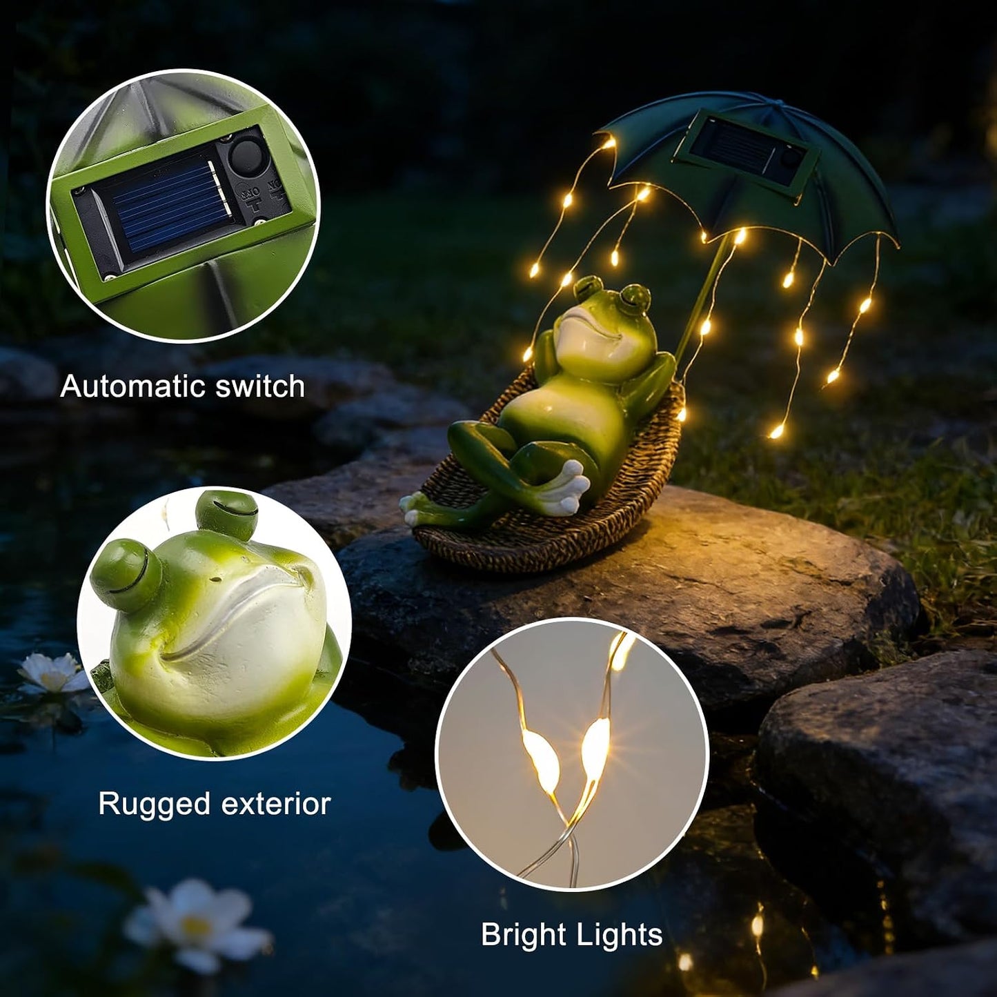 Solar Frog with Umbrella Statue - LED Solar Powered Garden Decor, Auto On/Off Waterproof Resin Outdoor Sculpture for Patio, Yard, Pond, Unique Gardening Gifts for Women & Mom