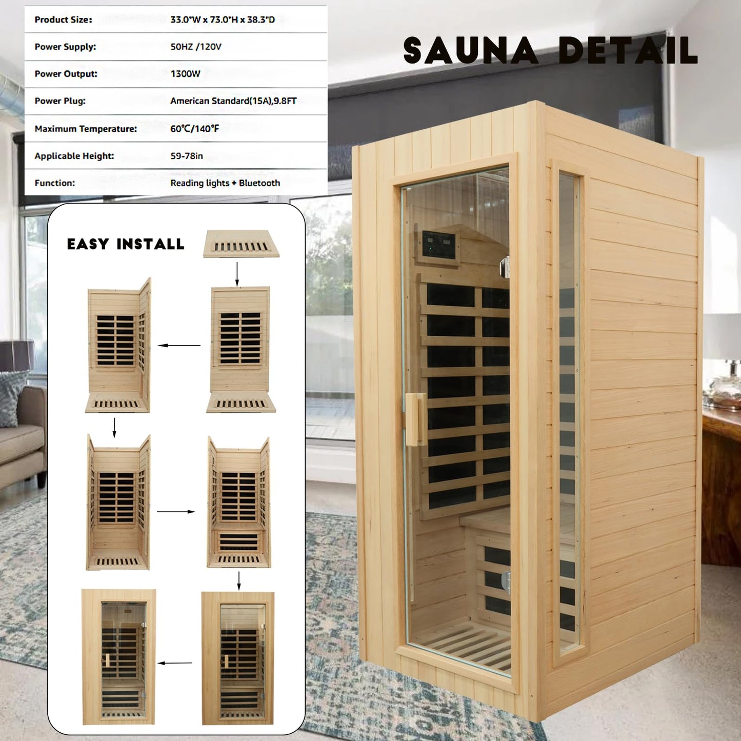 3 Person Infrared Sauna Ceramic Infrared Sauna w/Red Light Therapy | Far & Near Infrared Sauna Indoor, Low EMF Infrared Saunas for Home, Hemlock Deluxe Glass Home Sauna with Granite Backdrop