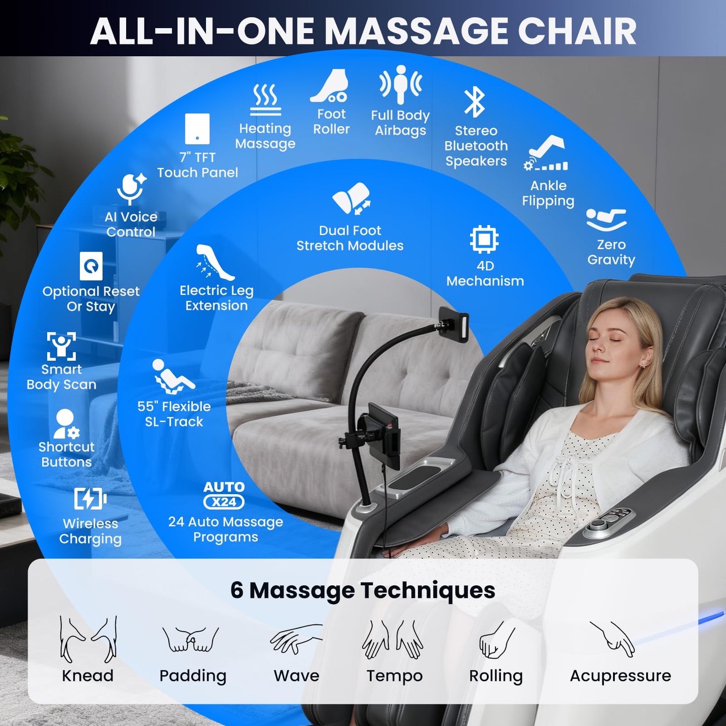 4D Massage Chair Full Body with Space Walk & Ankle Stretch, 2026 Zero Gravity 55“ SL-Track Shiatsu Massage Chair Recliner, Electric Calfrest Extension & Foot Rollers, AI Voice Control S002 Black