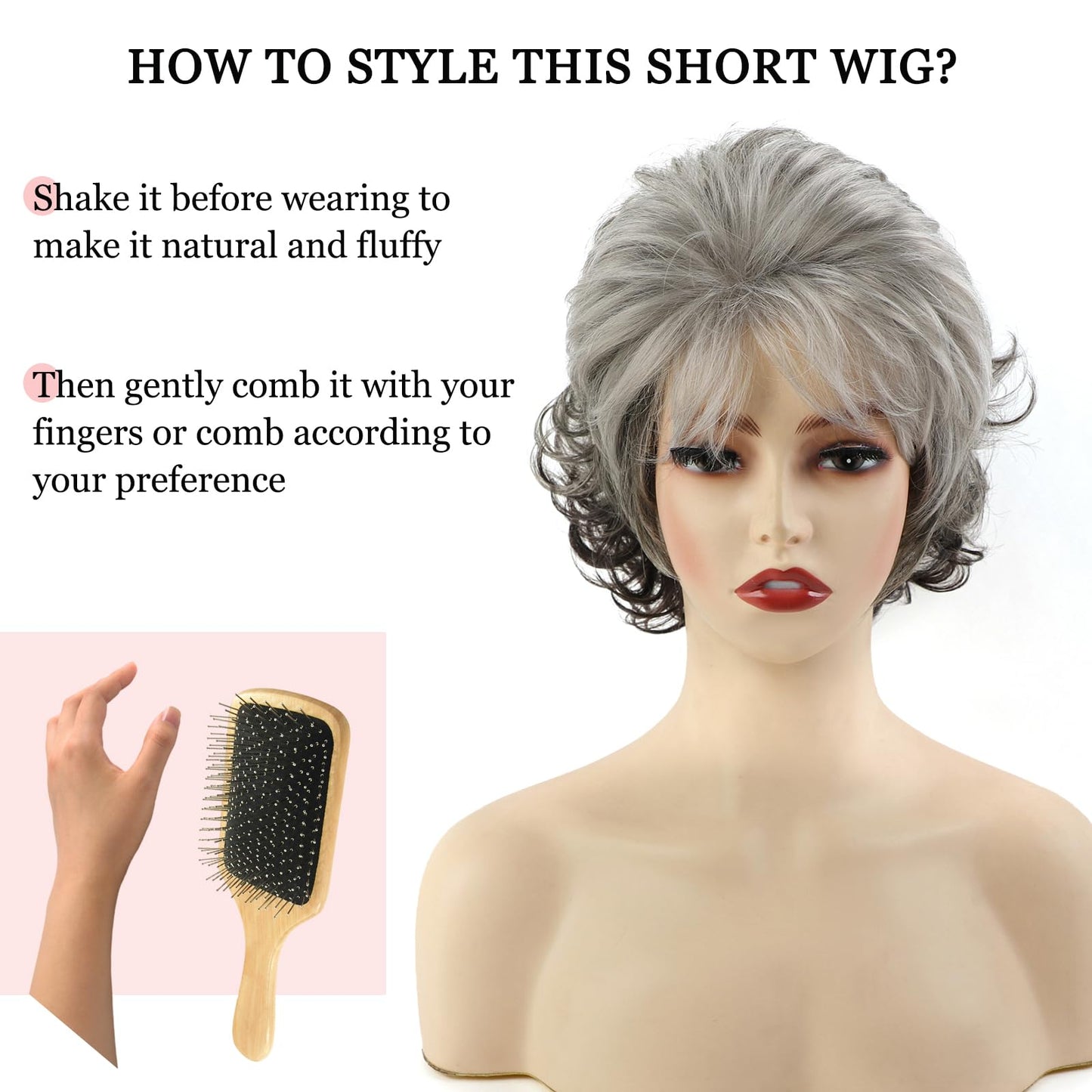 TISHINING Short Grey Curly Wigs for White Women Layered Silver Gray Pixie Cut Synthetic Full Wig with Bangs Natural Looking Daily Party Wigs for Older Women