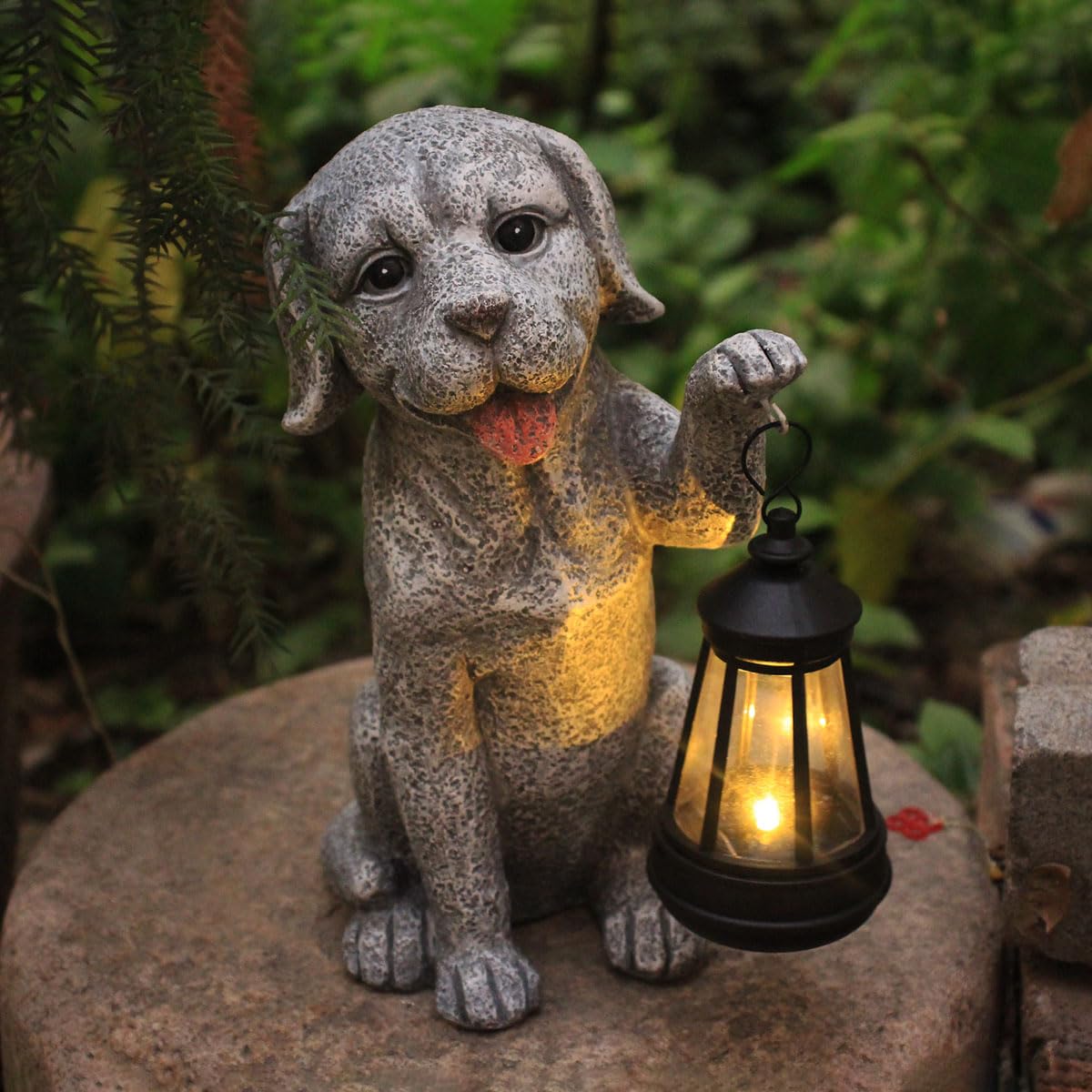 Solar Frog Garden Statue, Resin Figurine with Ladybug & Hanging Solar Lantern Outdoor Decor