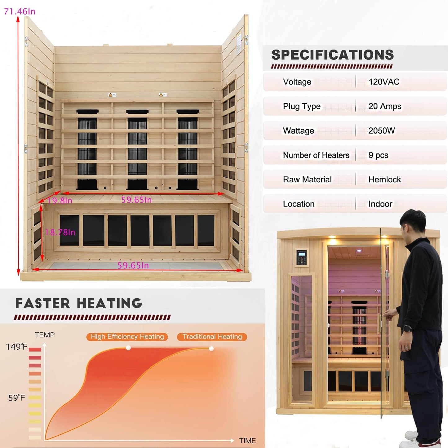 3 Person Infrared Sauna Ceramic Infrared Sauna w/Red Light Therapy | Far & Near Infrared Sauna Indoor, Low EMF Infrared Saunas for Home, Hemlock Deluxe Glass Home Sauna with Granite Backdrop