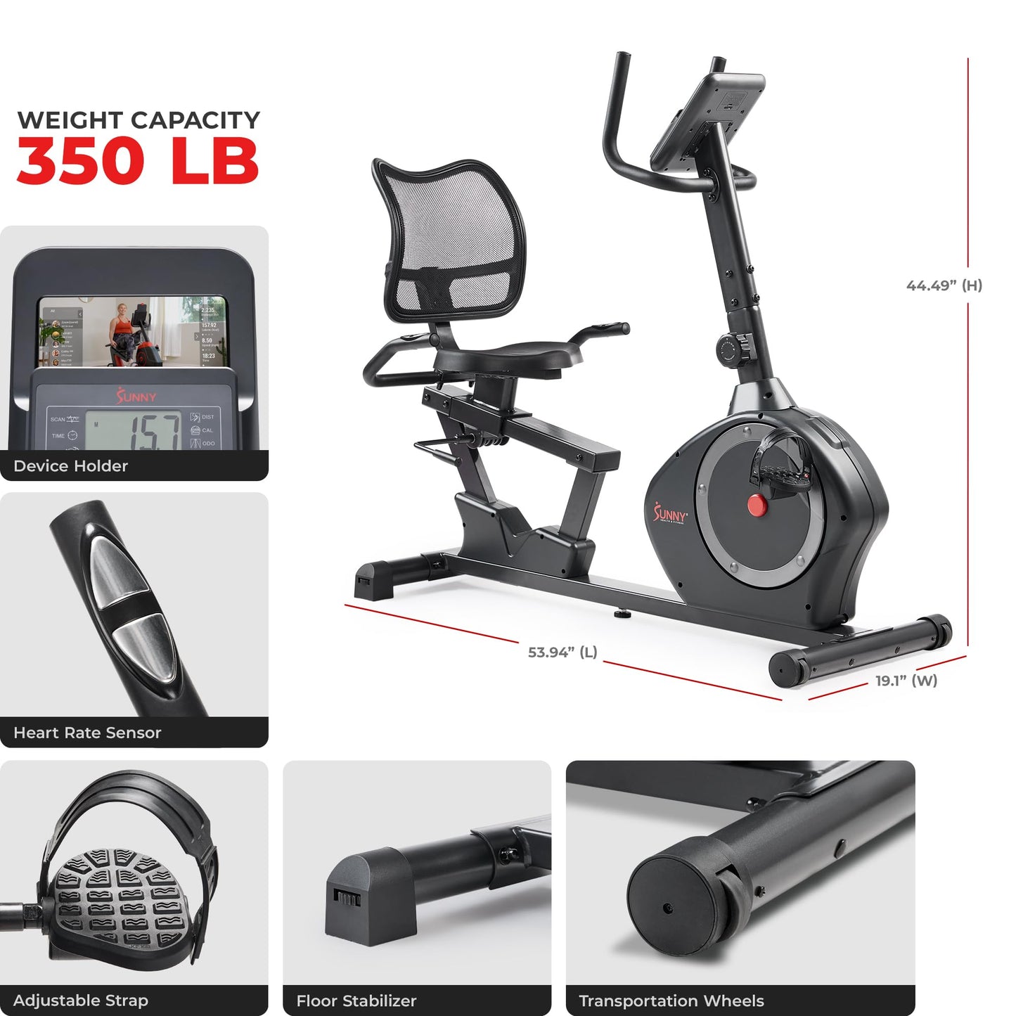 Sunny Health & Fitness Smart Recumbent Bike, Wide Cushioned Seat & Back, Indoor Cycling Machine for Adult/Seniors Home Exercise, Free SunnyFit App Connection