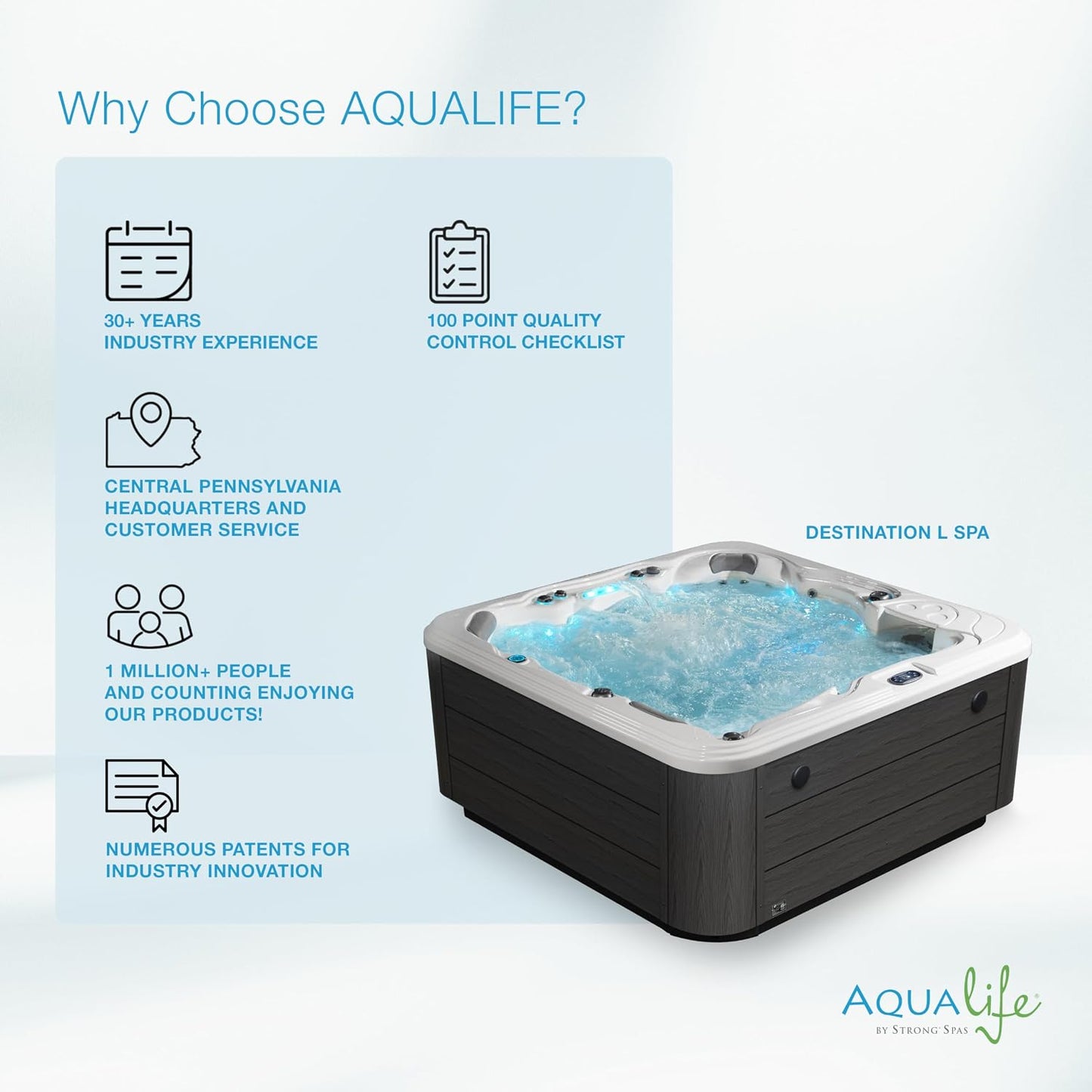 Destination Outdoor Hot Tub, 5-Person 59-Jet 80-Port 4-Pump Lounger Spa with Waterfall Arch and Bluetooth Stereo by Aqualife by Strong Spas