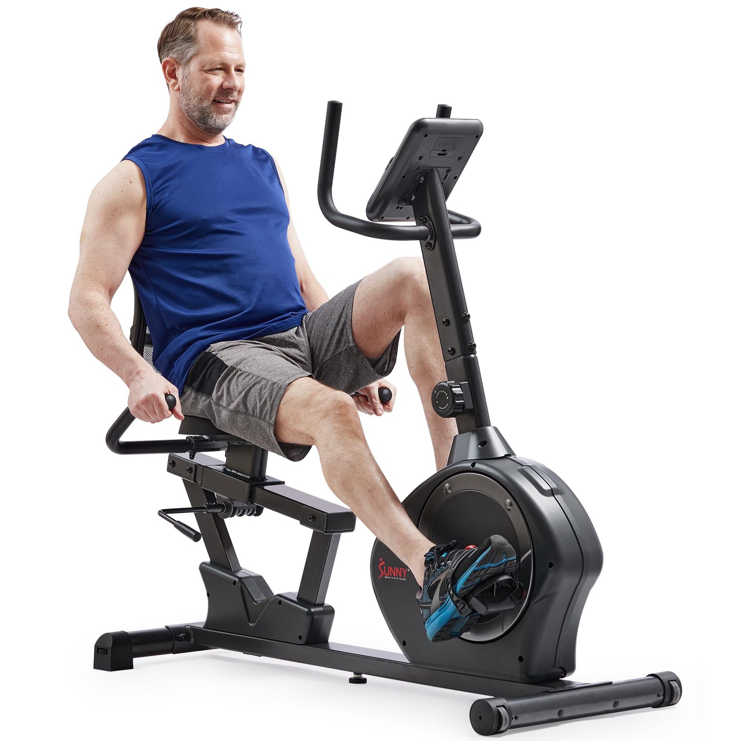 Sunny Health & Fitness Smart Recumbent Bike, Wide Cushioned Seat & Back, Indoor Cycling Machine for Adult/Seniors Home Exercise, Free SunnyFit App Connection