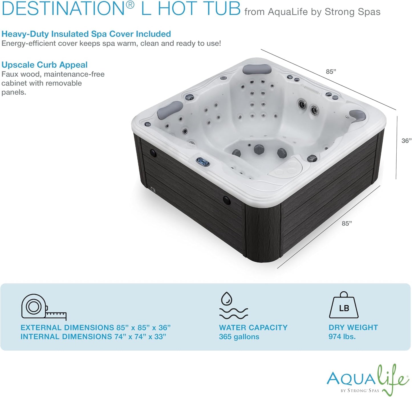 Destination Outdoor Hot Tub, 5-Person 59-Jet 80-Port 4-Pump Lounger Spa with Waterfall Arch and Bluetooth Stereo by Aqualife by Strong Spas