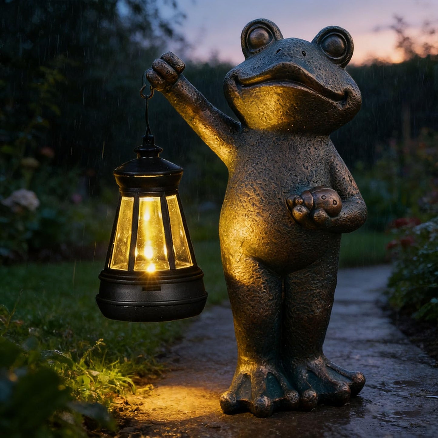 Solar Frog Garden Statue, Resin Figurine with Ladybug & Hanging Solar Lantern Outdoor Decor